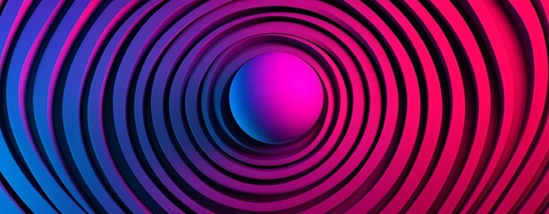 A vibrant graphic featuring concentric circles in shades of pink and blue, centered around a sphere, creating a dynamic visual effect.