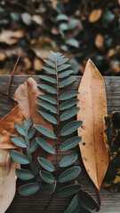 Arrangement of Dried Brown Leaves and a Teal Fern-like Frond