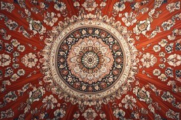 Beautiful pattern on a red background. Vector mandala template. Golden design elements. Traditional Turkish, Indian motifs. Great for fabric and textile, wallpaper, packaging or any desired idea.