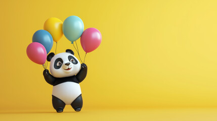 Panda with colorful balloons on yellow background, copy space 