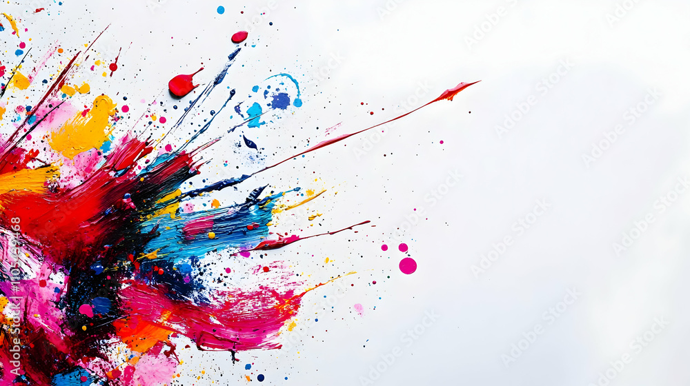 Poster abstract colorful paint explodes dynamically across white canvas, creating a vibrant, energetic artw