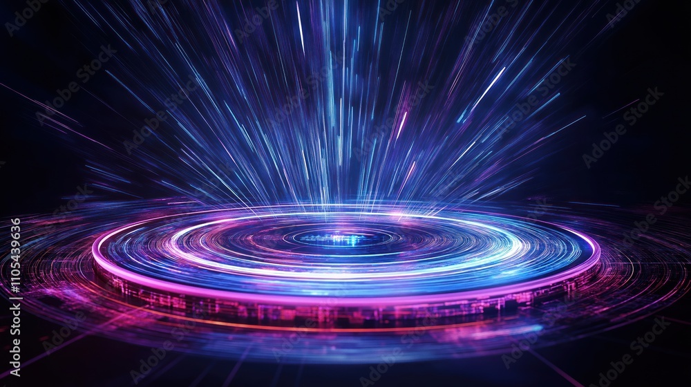 Poster abstract tech circular turntable emits glowing lines. dynamic glowing lines radiate from circular te