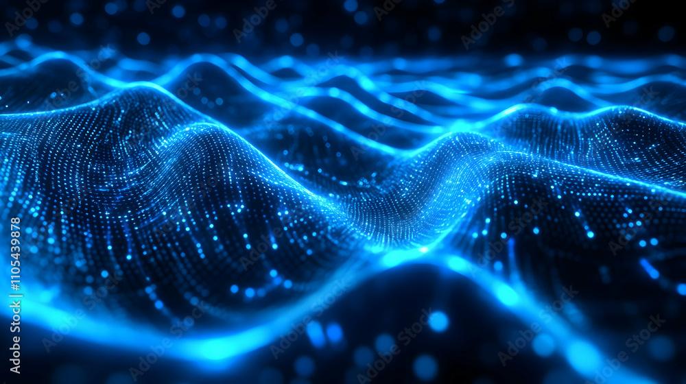 Aufkleber abstract 3d rendering of a blue particle wave background, glowing vibrantly in the dark
