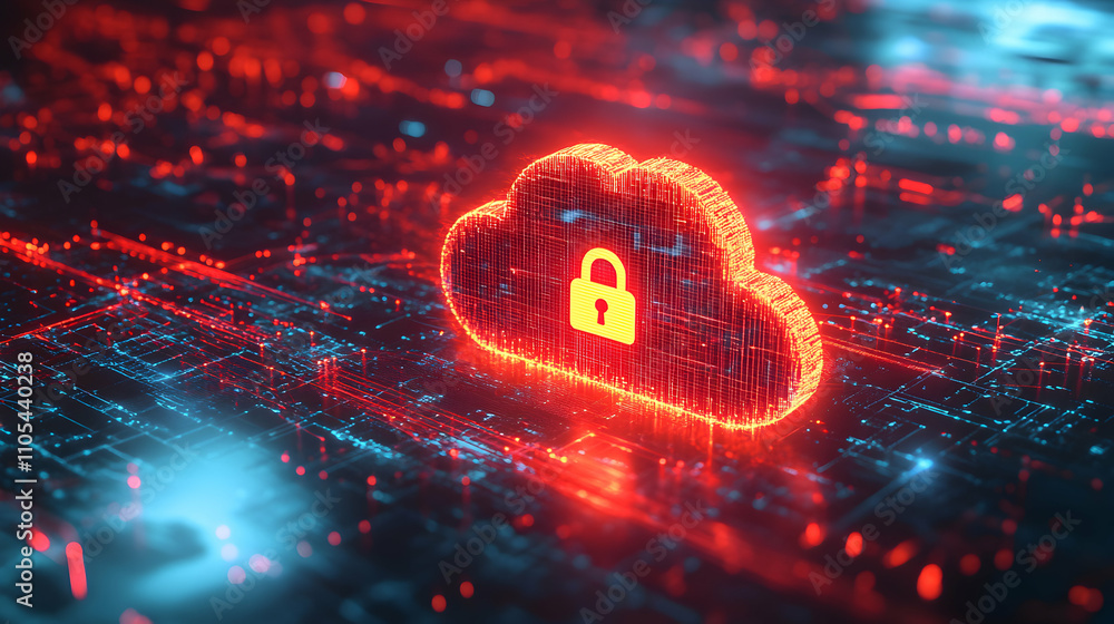 Poster 3d digital cloud security: abstract glowing network illustrating secure data storage in the cloud, s