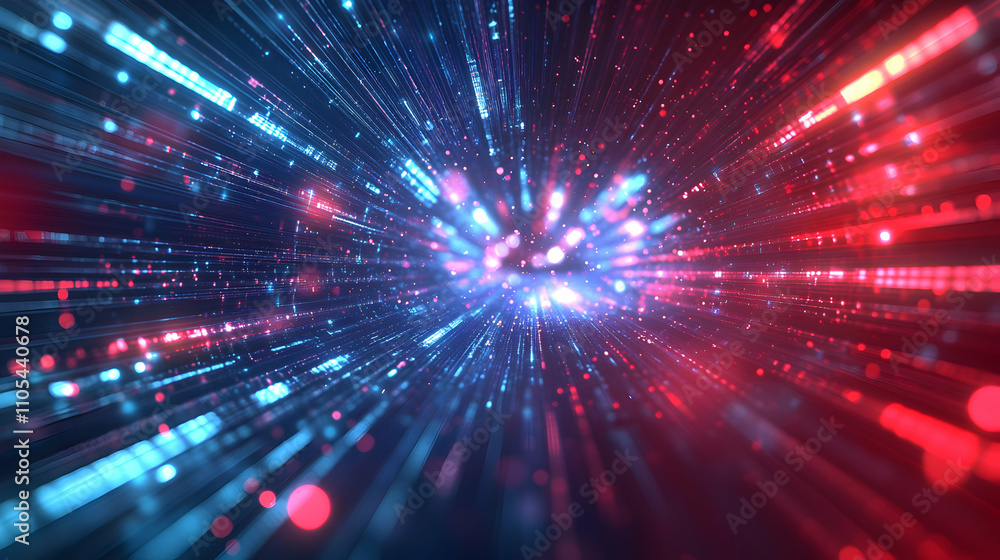 Poster abstract 3d digital data stream background: red and blue light streaks converge in a futuristic tunn