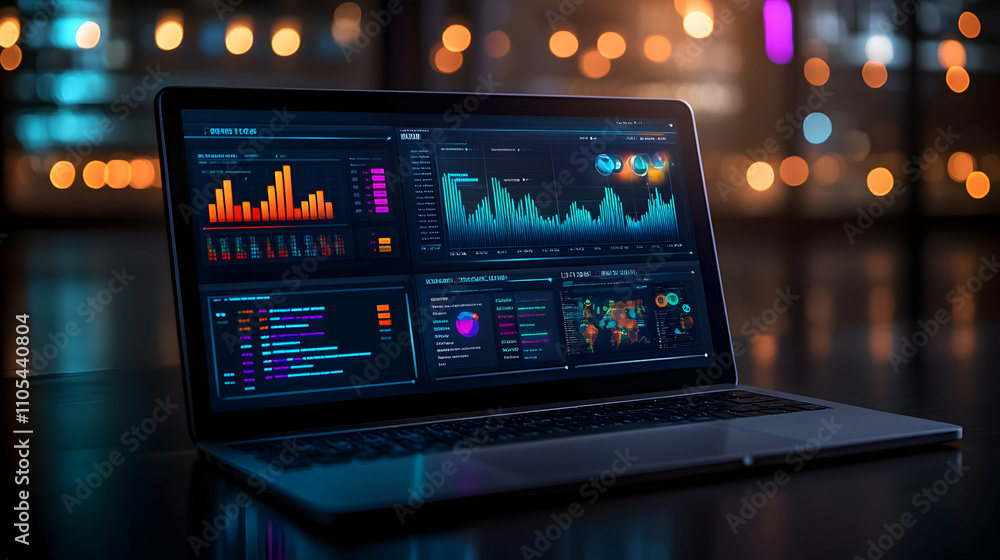 Poster laptop displays data analytics charts and graphs at night
