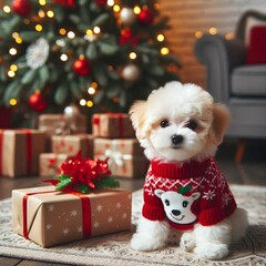 Maltipoo puppy in Christmas sweater sitting beside Christmas tree and presents