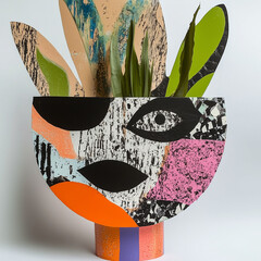 Artistic Planter with Face Motif and Abstract Patterns