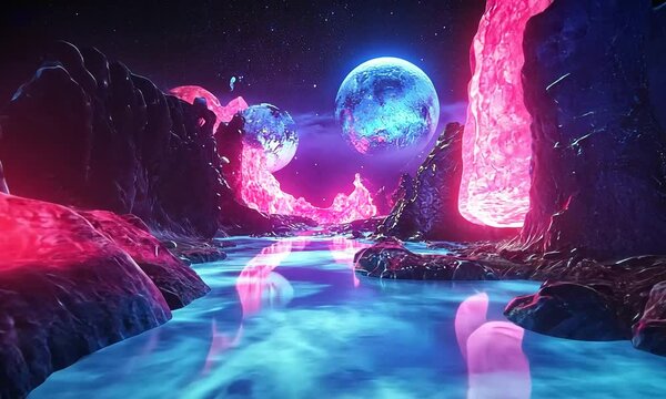 Glowing neon river flows between surreal, vibrant pink and blue alien rock formations under a starry sky with two moons.