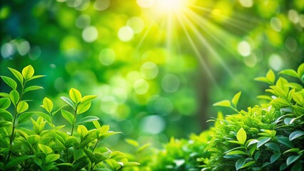 Abstract Green Bio Background with Blurred Foliage and Bright Sunlight for Organic Design, Perfect for Text Advertising and Nature-Themed Projects