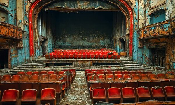 Abandoned theater with red seats and peeling walls.