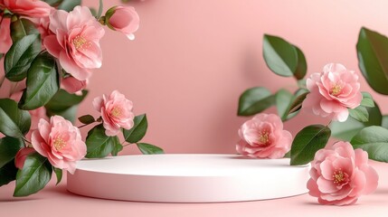 A white pedestal with pink flowers surrounding it