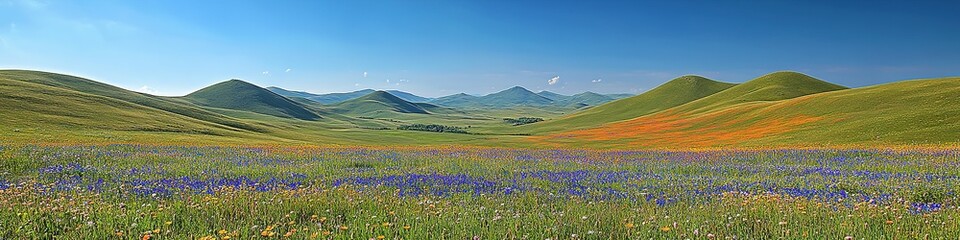 Fototapeta premium Panoramic view of colorful wildflower fields and rolling hills.