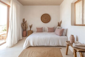 Fototapeta premium Cozy minimalist bedroom with rustic accents and neutral tones.