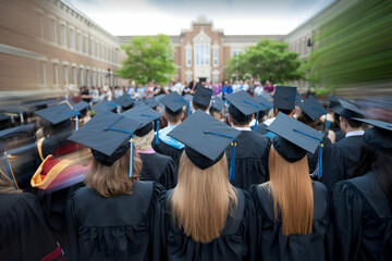 Group of graduates in gowns, gathered in ceremony with anticipation in the air