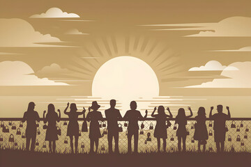 Fototapeta premium Silhouetted figures by a fence adorned with locks, watching golden sunset