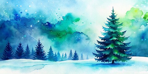 Abstract Modern Fluid Watercolor Background in Blue and Green for Winter Card Design Featuring Christmas Fir Tree, Luxury Backdrop with Ink Water Color Gradient, Copy Space Template