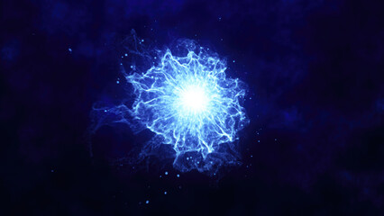 Obraz premium A dynamic burst of electric blue energy sphere radiating from a central point against a dark background, representing power and motion background