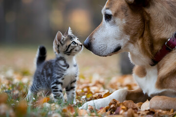 Kitten and dog share a tender moment, almost touching noses in peaceful setting
