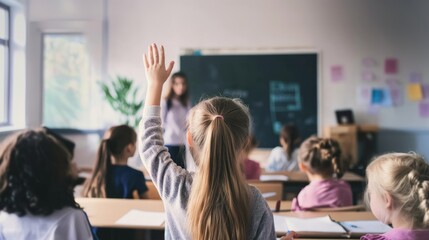 Young girl is eagerly raising his hand to participate in classroom discussion. Primary public school classroom with a blackboard, teacher. Little child expresses her enthusiasm for a lesson.