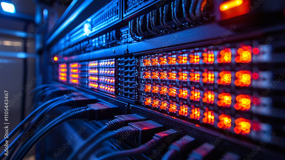 Poster data center operations modern facility technology infrastructure server room close-up view ai genera