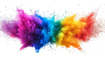 Fototapeta premium Colorful powder explosion isolated on white background. An explosion of colorful powder is spreading on a white surface beneath. A colorful explosion powder white background. 