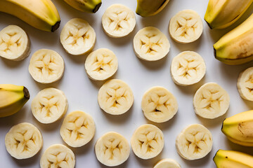 Multiple banana slices arranged in a star like pattern on a white background
