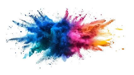 Colorful powder explosion isolated on white background. An explosion of colorful powder is spreading on a white surface beneath. A colorful explosion powder white background.	