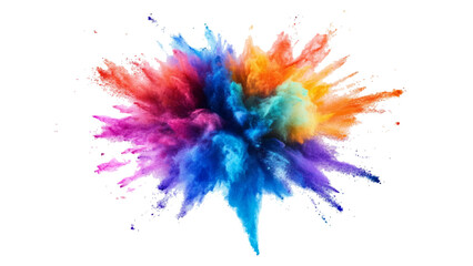 Colorful powder explosion isolated on white background. An explosion of colorful powder is spreading on a white surface beneath. A colorful explosion powder white background.	