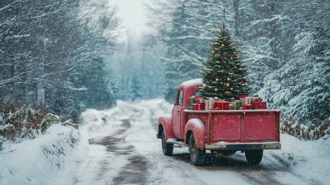 A red truck is parked on a snowy road with a Christmas tree in the back - Powered by Adobe