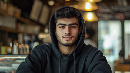 Fototapeta premium Young man in a cozy café enjoying a peaceful morning