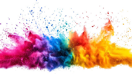 Multicolored powder explosion isolated on white background. An explosion of colorful powder is spreading on a white surface beneath. A colorful explosion powder white background.