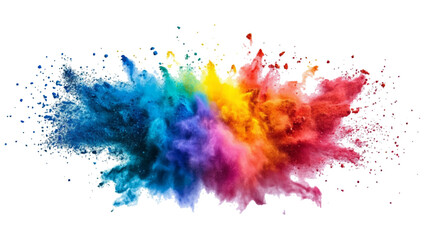 Obraz premium Colorful powder explosion isolated on white background. An explosion of colorful powder is spreading on a white surface beneath. A colorful explosion powder white background. 