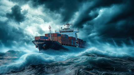 A container cargo ship navigates through a turbulent sea under stormy skies. The concept of global trade challenges, maritime resilience, and the power of nature. Generative ai.