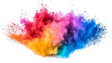 Multicolored powder explosion isolated on white background. An explosion of colorful powder is spreading on a white surface beneath. A colorful explosion powder white background.