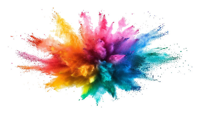 Multicolored powder explosion isolated on white background. An explosion of colorful powder is spreading on a white surface beneath. A colorful explosion powder white background.