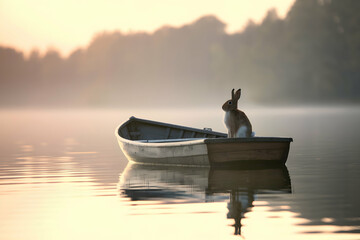 Rabbit sits on wooden boat in calm waters, misty golden hue in background