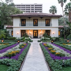 Elegant Spanish-style house with manicured gardens and walkway.