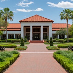 Obraz premium Elegant white building with red tile roof, symmetrical landscaping, and brick pathway.