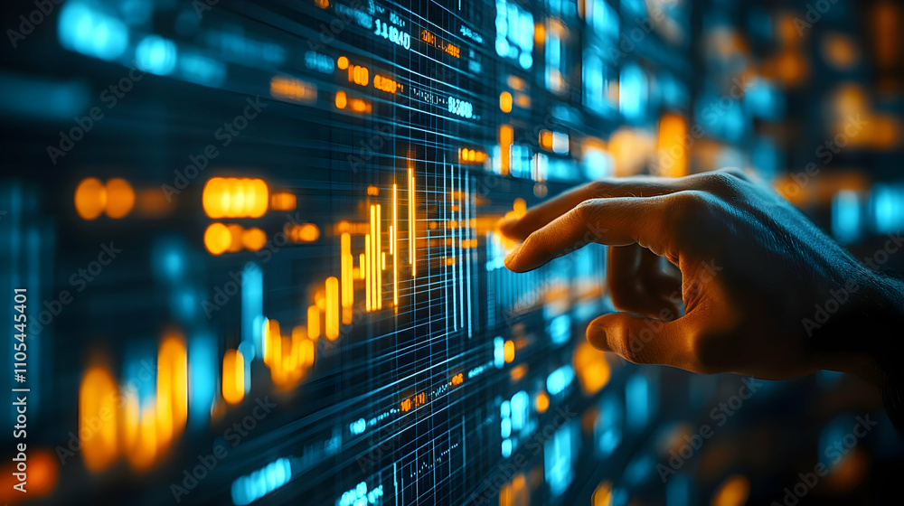 Aufkleber 3d render of hand interacting with vibrant digital stock market data visualization