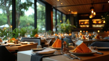Stylish modern restaurant interior with elegant dining setup, ideal for promoting upscale dining experiences