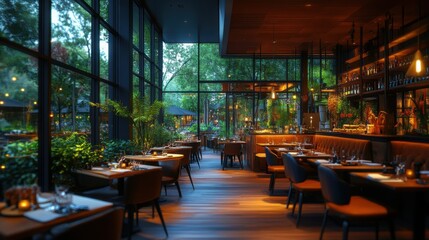 Modern restaurant interior with stylish decor, ideal for showcasing contemporary dining spaces and upscale restaurant designs