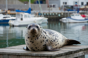 Seal rests on wooden platform, gazing at camera with coastal town background