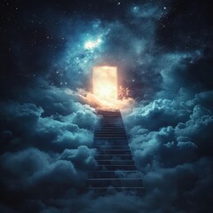A staircase is shown in the sky with clouds and stars