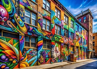 Fototapeta premium Abstract Urban Graffiti Banner Design - An Intricate Illustration on a Building with Dynamic Colors and Patterns for a Modern Abstract Background