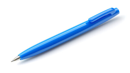 A single blue plastic pen isolated on white background.