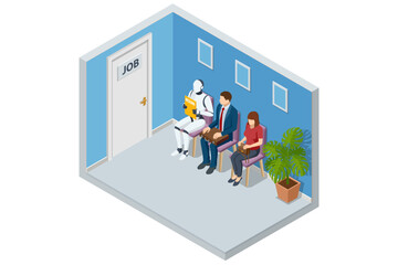 Isometric hiring and recruitment robots are selected for a job over a human candidate. Digital job interviews where artificial intelligence outshines traditional applicants.