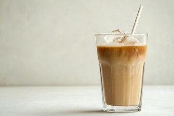 Iced coffee with straw in a tall glass on light background