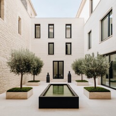 Obraz premium Modern courtyard with olive trees, reflecting pool, and minimalist architecture.