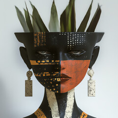 Abstract Face Sculpture with Plant Elements and Bold Patterns